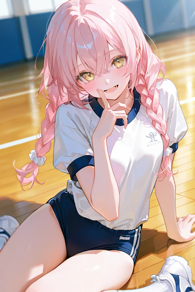 Pink Hair, Pink Eyes、girl、Small breasts、Hair Bun、girl、Small breasts、Lolita、Bright smile、Looks about 15 years old、Petan Musume、He is short、Eye highlights、Sexy thighs、room、Sportswear、Gymnastics