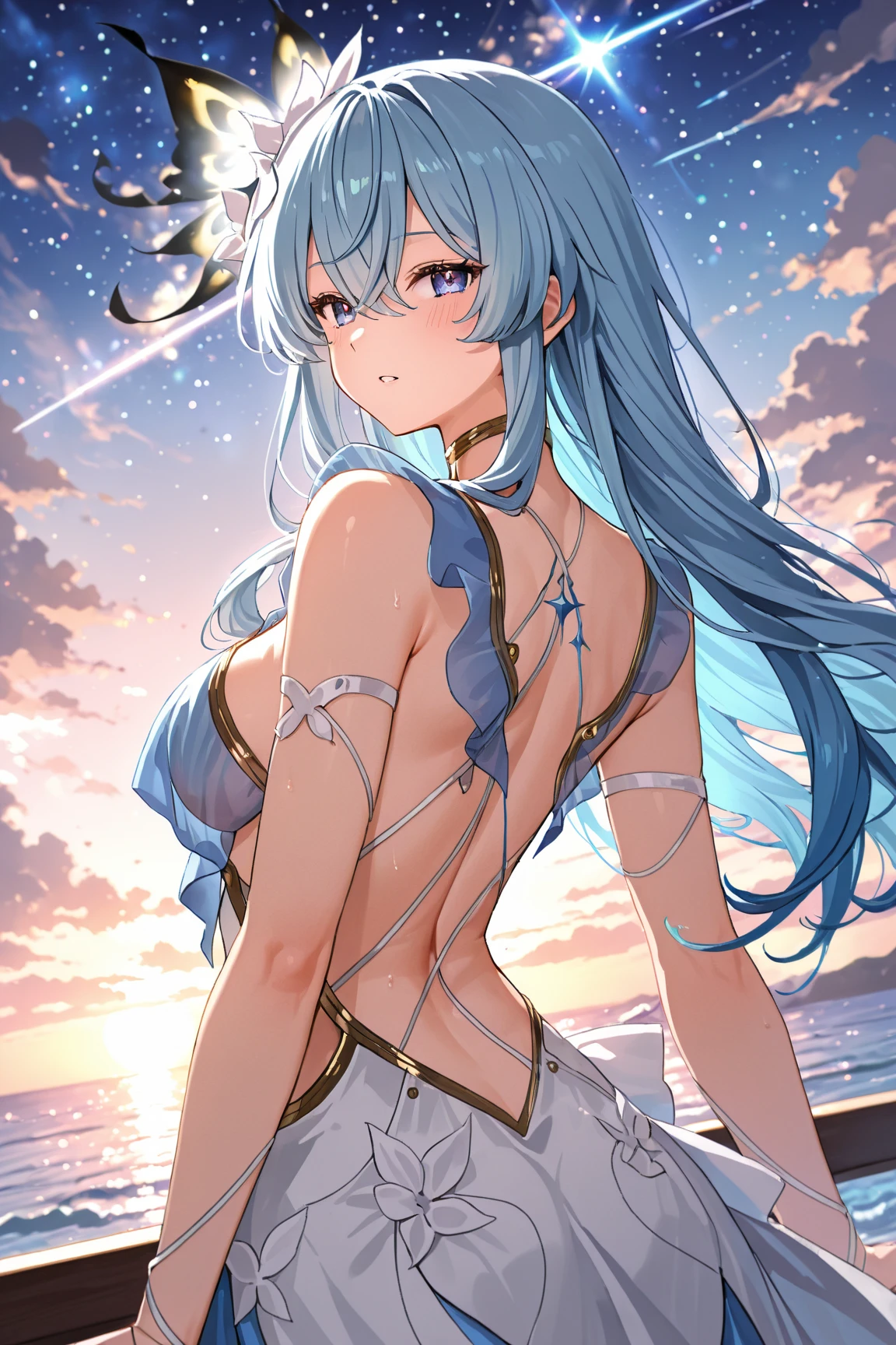 {{{masutepiece}}}, {{best qualtiy, An ultra-fine illustrations, beautifulanddelicatewater}}, {{very delicate light}}, {{Nature, Painting}}, {{Fine Lighting, More transparent stars, Quality Mountains々々々々々々, Very fine 8K PCG wallpaper}}, (plateau), Sunrise, randomly distributed clouds, cliff, ((Rotating starry sky)), ((Lake of the mountain stream)), Beautiful girl with long light blue hair with luminous particles、Twin-tailed