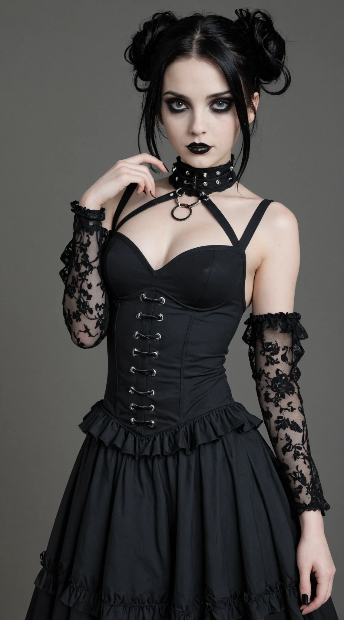 The quilt from the neck to the shoulders to the head is made of PUNK RAVE, a black gothic punk rock hat with rivets and a lace-up belt, and the dress from the chest to the bottom is made of elastic fabric. The armbands are also black and are designed with metal clothing.