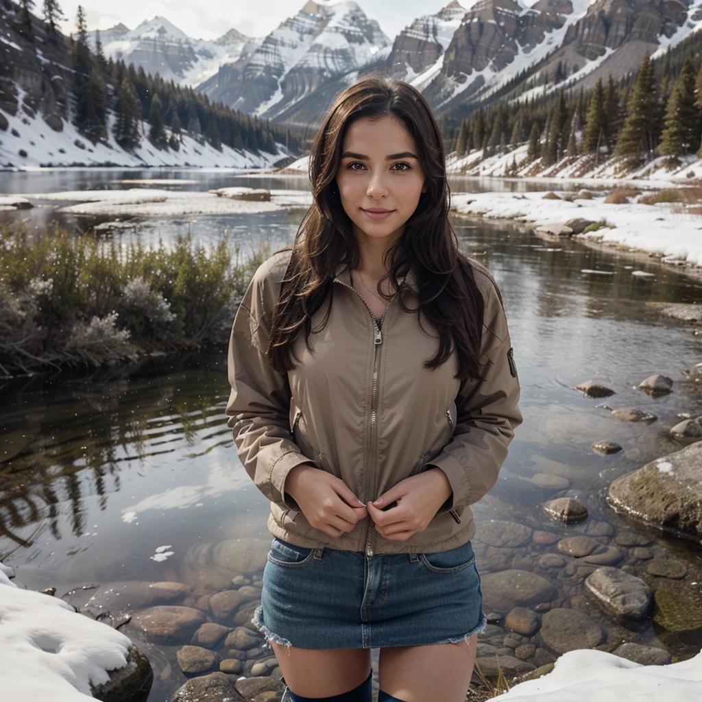 1 mujer morena, Por el claro, CHESTNUT, buen busto, buena anatomia ((parte superior del cuerpo selfie, Feliz)), Bella Bruna, blue eyes, Obra maestra, Mejor calidad, ultra detallado, solo, al aire libre, (Noche), mountains, Naturaleza, (estrellas, luna) feliz, Feliz, mochila, bolsa de dormir, Invernadero de camping, botella de agua, Mountain boots, guantes, sweater, tiene, Linterna, bosque, rocas, river, madera, Fumar, oscuridad, contrast, cielo limpio, analog style (mirar al espectador:1.2) (textura de la piel) (film grain:1.3), (warm tone, warm tone:1.2), de cerca, cinematic light, side lighting, Ultra high resolution, Mejor sombra, CRUDO, parte superior del cuerpo, vistiendo jersey