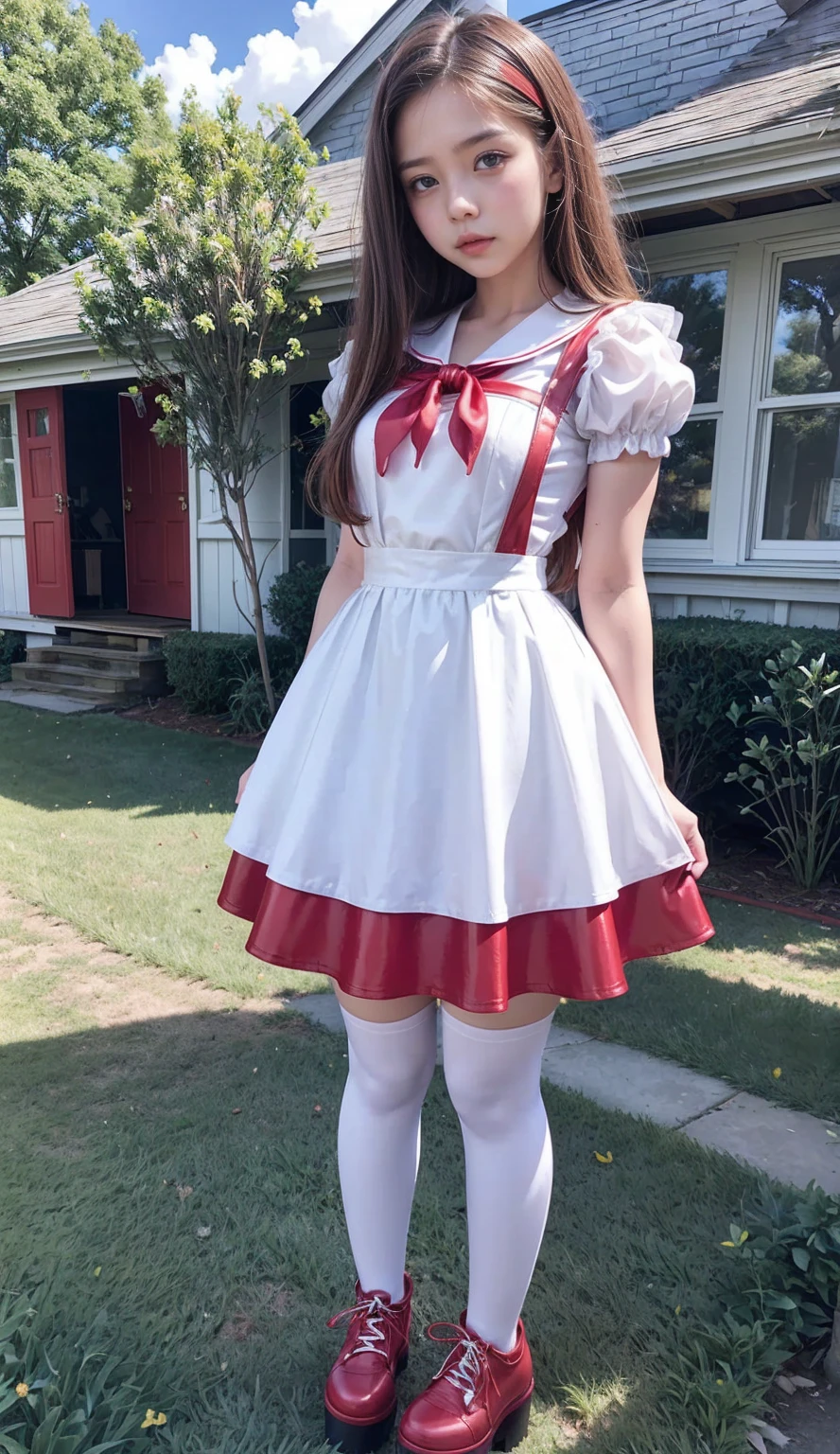 (holding ballons), (((full body))), real photo, 10 years old girl, Brat female , (((drawers))), ((looking back at me)), twin tails, big ribbon, red boots,
