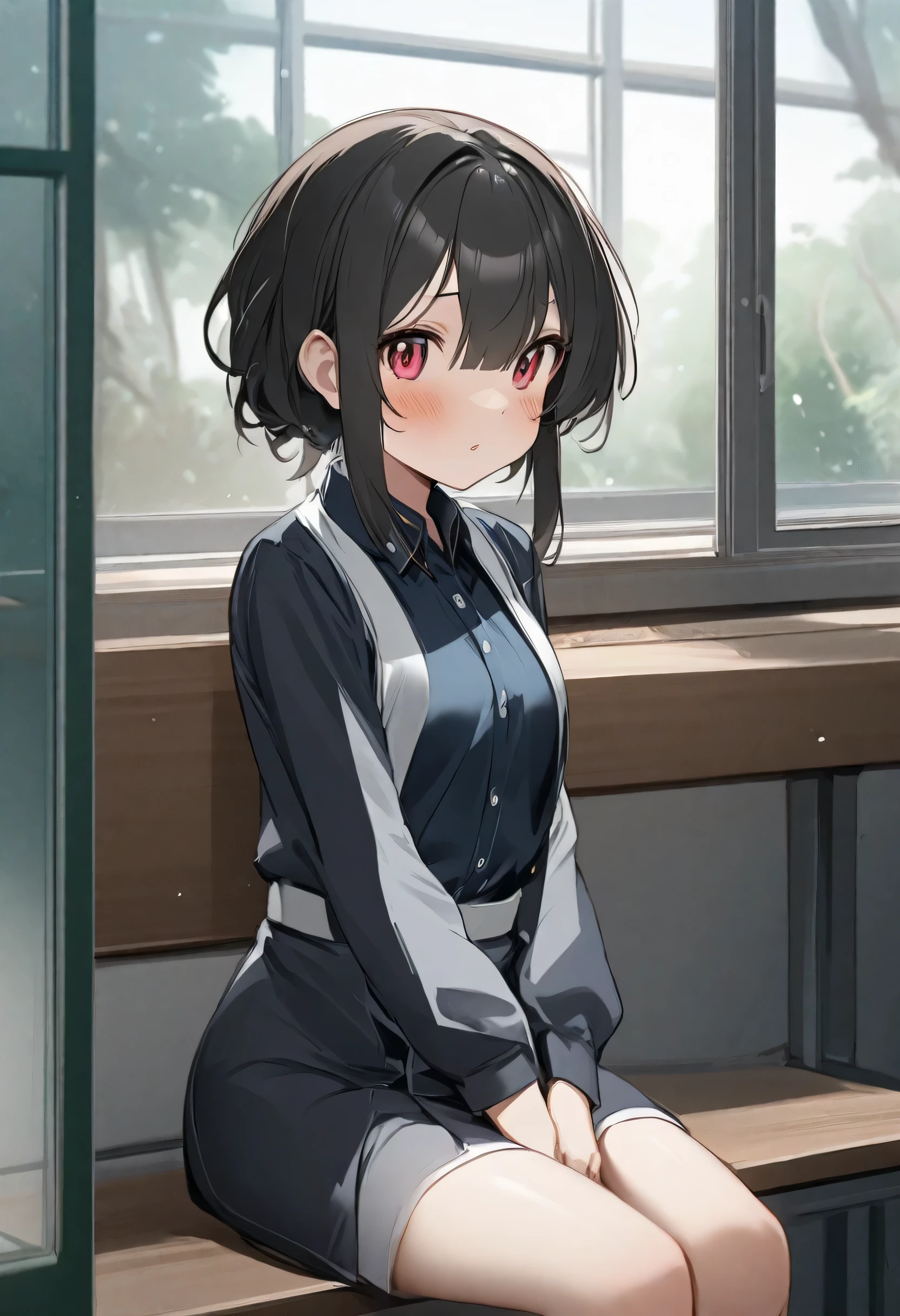 Seorang gadis anime, just sit alone, kaca mata, kutu buku, rambut hitam, pendiam, mata hijau, pakaian sekolah, didalam kelas, sitting on a bench by the classroom window, lugu, suasana kelas siang, penggambaran detail, suasana kelas anime.