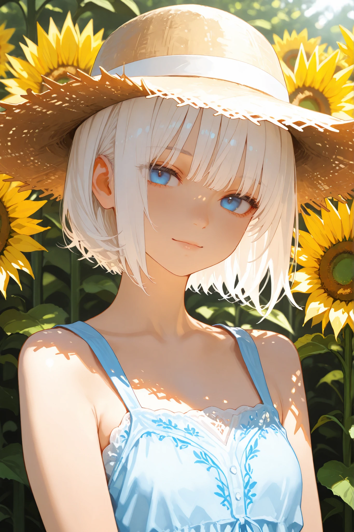 Masterpiece,Highest Quality,Beautiful, 8,000,absurd,super accurate illustration,748 cm style,White hair,Wolf hair cut, blue eyes,straw hat,Sleeveless Dress,sunflower,Realism,Precise details,4K,HDR,high resolution,vivid and realistic,soft shadows,warm light,Blue tint,Natural Environment,beautiful portrait,Professional quality