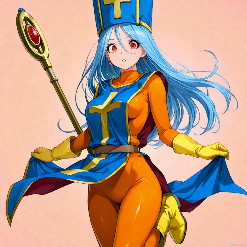 1girl, solo, female priest, dragon quest 3, holding scepter, large breasts, very long hair, cyan hair, straight hair, yellow gloves, orange bodysuit, bodysuit under clothes, blue tabard, blue priest hat, masterpiece quality, intricate detail, 4k resolution, ultra hd