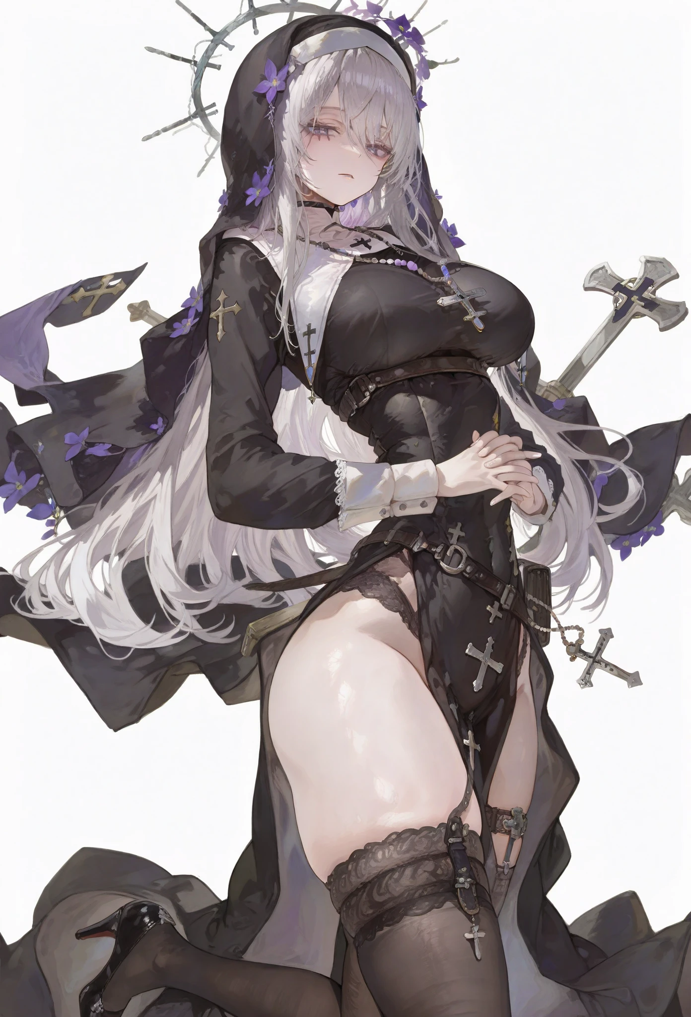 One Woman、((Monochrome、Line art、Bold line))、Grey Hair、long hair、Hair between the eyes、Braid、Grey Eyes、Ahoge、Completely naked、Big Breasts、Huge breasts、Large areola、Nipples、((pubic hair))、Upper Body、Front view、△ Mouth、Are standing、Simple Background、