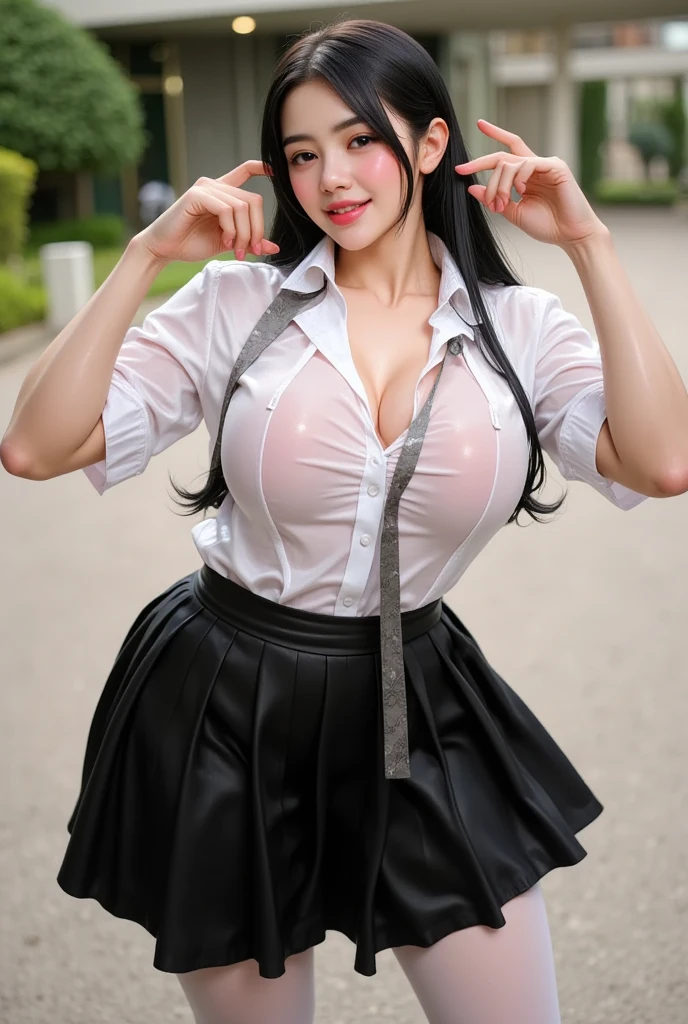 (masterpiece:1.3), (High resolution:1.1), Detailed beautiful face, Detailed beautiful, (huge breasts, gigantic breasts:1.4 there is a woman in a short skirt and a white shirt, very sexy outfit, thicc, sexy outfit, intriguing outfit, clear curvy details, revealing outfit, wearing tight simple clothes, a hyperrealistic schoolgirl, sexy style, hyperrealistic schoolgirl, wearing a cute top, smooth translucent white skin, japanese goddess, sexy look, small curvy , korean girl, Korean sexy
