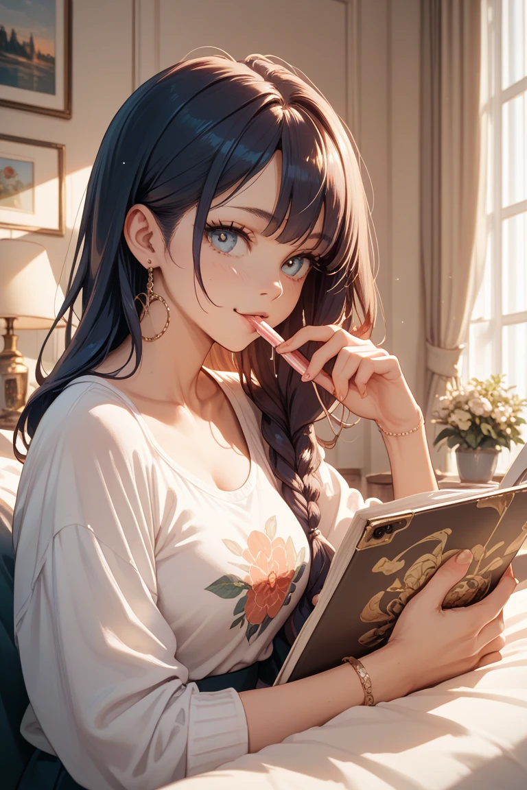 (Highest quality, masterpiece, Ultra-realistic), Beautiful and delicate15Year-old girl portrait, With a calm and gentle expression, The background is a man studying hard at his desk in his bedroom at home.、shirt with a slightly open chest、Bust is C cup、It's summer、The decorations are retro、