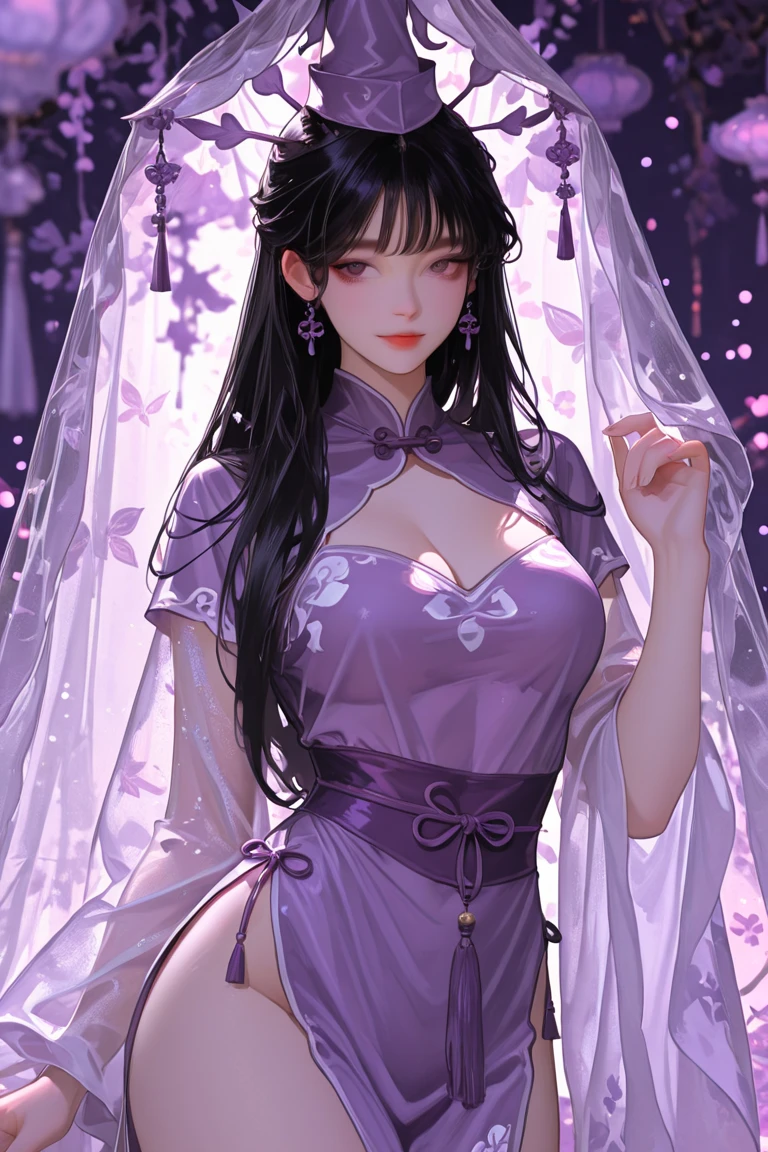 Beautiful tall woman, slim build, pink lips, dark violet eyes, long loose black hair with violet sparkles, lilac and purple ancient Chinese clothing with lotuses, lotus jewelry