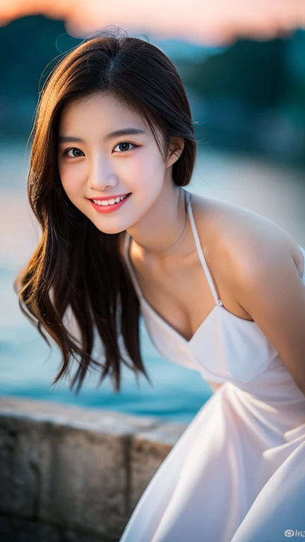 A very cute face like an idol、Looks like a young face、20-year-old female、Gentle and cute、A kind smile、Cleavage、Tank top、Walking on the beach at sunset、Natural light、whole body、SLR、Film Camera、RAW Photos、Genuine、live-action、Artistic、Real Stick、High resolution、masterpiece