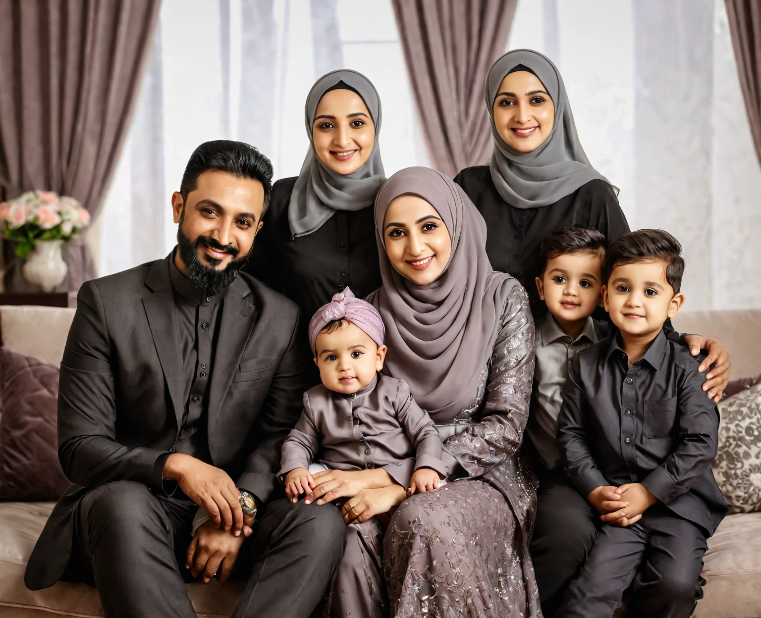 Father, mother with hijab and pregnant, and son