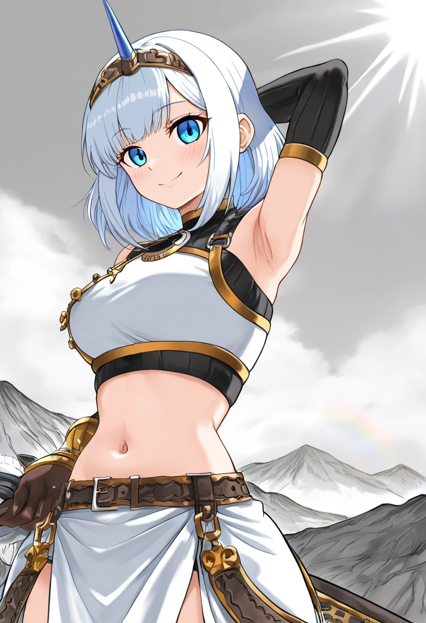 masterpiece, mountainous horizon　Upper body,  (((((white bikini armor))))), nsfw,　, 1 boy, blonde, Ruby Eye, ((((((hair over one eye,)))))), Braidスタイル, spike hair, dull bangs, bob hair, Braid, Ahoge, cute eyes　looking at the viewer　From the side, ((from front)), closed mouth, (((abs))) , ((looking up:1.3)), simple eyes, restrained, Are standing, (fang), arms up behind, (disdain), (((breast grab)))