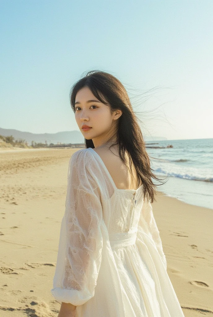 1girl,full body,sea,wind,messy hair,sunset,beach,(aesthetics and atmosphere:1.2),long hair,platinumblack sunmer dress,shallow depth of field,wavy hair,hoop earrings,hair ribbon,thin straps,<lora:Mapers-v3:0.8>,<lora:lit:0.2>,