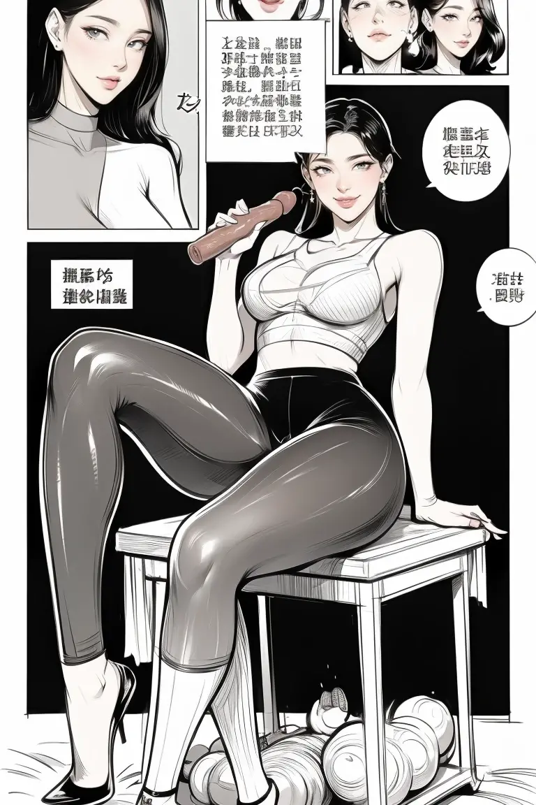 The beautiful girl in lace top and leggings is sitting astride a pile of skeletons in the center of the picture. She is holding a trembling sausage with juice squeezed out in her hand and smiling. There are multiple comic storyboards in the background,cbt, sausage bondage,sausage insertion,Sexy, trampling sausage with high heels heel,(masterpiece, best quality:1.2),1 beautiful girl,sexy,comic storyboard:2, leggings, sit astride, axially symmetrical:2, ,femdom,sounding,cbt,hold,smile,colorful,leggings,thin gap,cameltoe,insertion,trembling,juice,spray, Long hair,Lace top,Sexy, Shiny leggings, High heel,cleveage, trampling, in forest, saliva , Mucus,