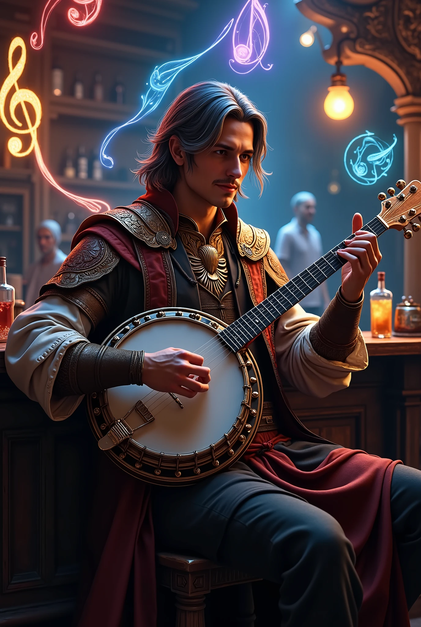 bard with several musical auras around him, sitting and playing a banjo in a bar happy with his instrument, behind him there is a table with drinks and bar man, 8K, unreal engine.