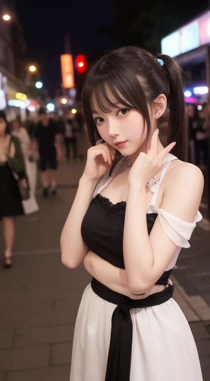 high resolution, 1 beautiful young woman, (soft saturation:1.3), (fair skin:1.2), 85mm lens,f/8.0, background, gyaru, brown hair, medium breasts, BREAK (night club:1.3), 1girl, 18 years old, (camisole:1.5), side-tie peek, double bun and long twin tails, black hair