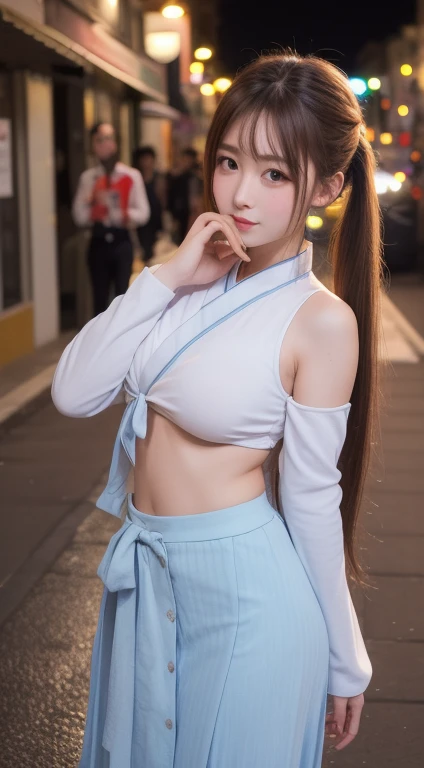 (top quality, masterpiece), 1girl, intricate details, (realistic lighting with shades), huge file size, high resolution, atmosphere, mystical, romanticism, literature, art, fashion, elegant, realistic, (perfect anatomical depiction of the human body), teenage girl is dressed as a Japan schoolgirl with Japan sword demonstration and legs raised, ( She has a beautiful posture of upper step spinning kick while holding a sword), serious expression as if in battle, The girl is a brunette Japan with pigtails with whitening skin blue eyes and long hair braided in parts, japanese, (very big), (super big), (thin waist), (meaty big buttocks hanging down), (thin thighs), (baby face), ( neat white blouse of smooth thin fabric in a crimson ribbon tie), (blouse breasts are very cramped), (no bra), (dark areolas), (blouse crushing large breasts and spreading to the side), (dark blue tartan check micro mini pleated skirt), (white and large panties covering the buttocks), ((no skin exposed on the upper body)), (neat clothes with all buttons fastened), (Beautiful big blue eyes), (Thin and clear double eyelid lines in the eyes), (Glossy, plump and brightly toned tear bags under the eyes), (Light blue iris), (Some highlights on the iris and pupil), (Red representation of the conjunctiva), (Long eyelashes that are well visible), (Blouse with super big), (Skin and hair sparkling in the sun), Daytime street shots, cameltoe, (beautiful posture of upper stage spinning kick with sword), (upper stage spinning kick with beautiful posture),