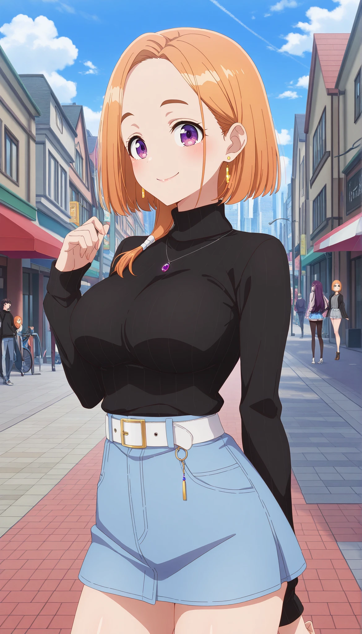 score_9,score_8_up,score_7_up,extremely detailed,ultra-detailed,official art,professional lighting,masterpiece,top quality,great quality,very beautiful,absurd,latest,masterpiece,best quality,4K,
1girl,Banri Shiunji,orange bob cut hair,forehead,purple eyes,large breasts,earrings,sexy,pretty,smile,rouge lips ,black sweater,Black vertical striped sweater,jewel pendant ,mini denim skirt,White belt, city,town ,cowboy shot ,standing posture