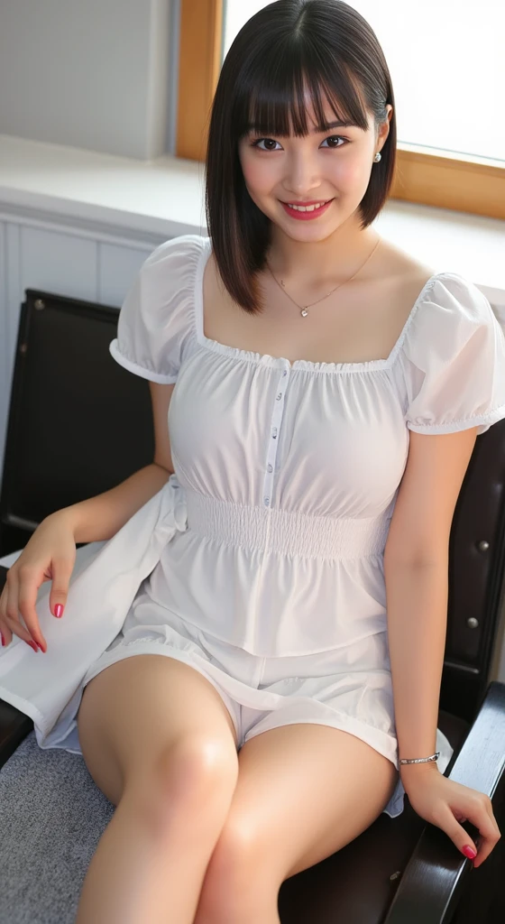 masterpiece, high-quaiity,(Correct Anatomy),Raw Photos, Photorealistic、Cute face,(well-proportioned face:1.5)、Embarrassed look,High resolution,Super detailed,Fine details,Very detailed,very realistic eyes and face,smile,Laughing with mouth open,smile,Winking,Realistic students,Sharp Focus,natural light,day light,high quality,(Japanese)、Cute Korean idol style,Black Hair,(Light blue off-shoulder dress),(Button-down dress),The bottom two buttons of her dress are undone, exposing her underwear.,((lift up skirt)),The front of the body is facing the camera、the body foward to camera,Sitting on a slide、One elbow on the table、Spreading her legs,(spread legs wide),(She has her legs spread apart, exposing her crotch),(17years old),17 years old、(girl),solo,long hair,Long Hair,Knees spread wide,Thighs wide apart,(Looking at the camera),flat chest,Narrow waist,(White lingerie is visible from between her legs)