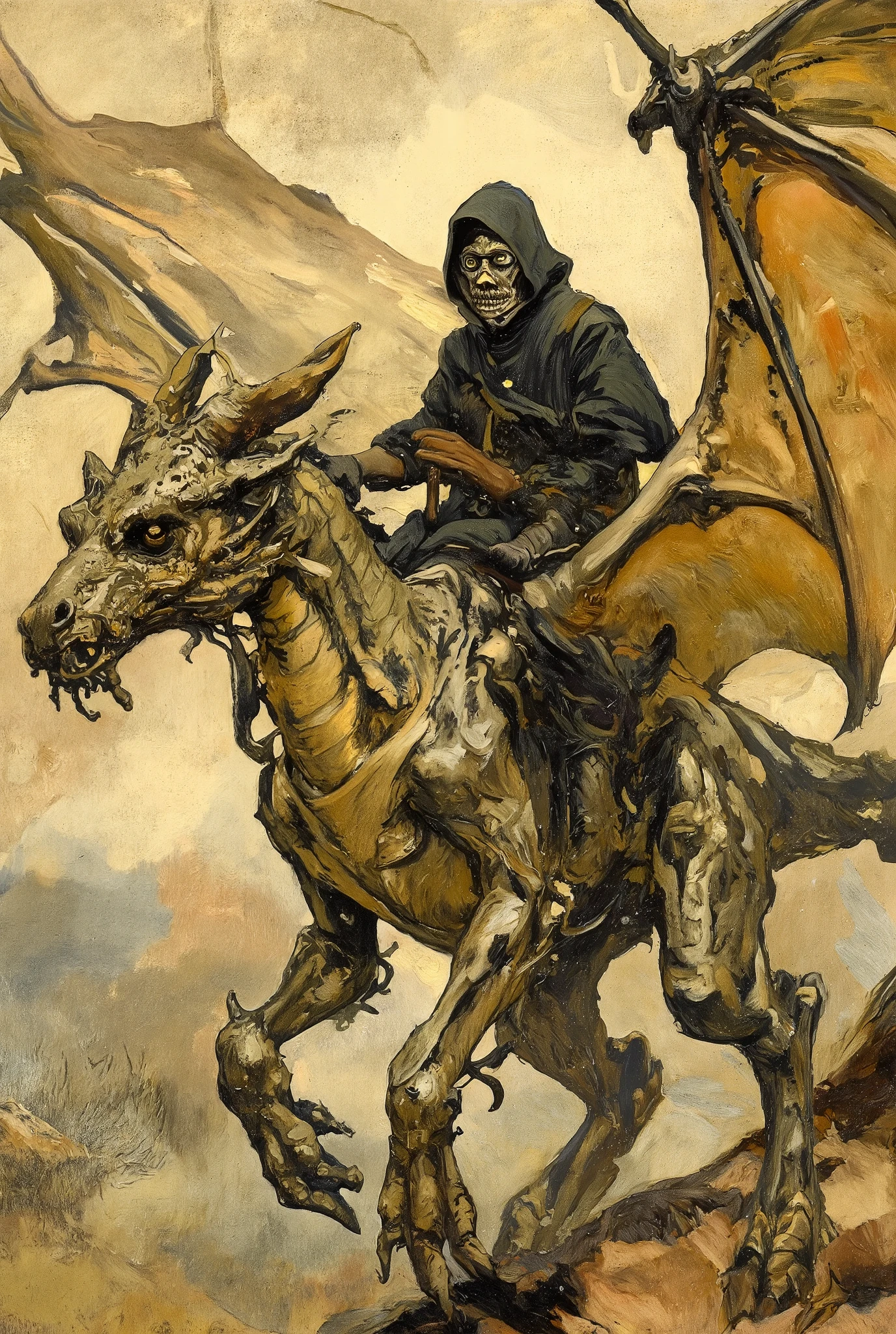 masterpiece, best quality, surreal anime art, highly detailed, tiny dark hooded in a metal mask wizard dragon rider on the back of a massive titanic gargantuan deformed eldritch dragon, flying over an eldritch landscape, style inspired by Mark Simonetti and Gustav Klimt, highly detailed, beautiful, vibrant, masterpiece, 32k, ultra HD, ultra-detailed, amazing quality, amazing artist, sharp edges, detailed textures, full view, atmospheric lighting, amazing visuals, An embroidered design Spring atmosphere