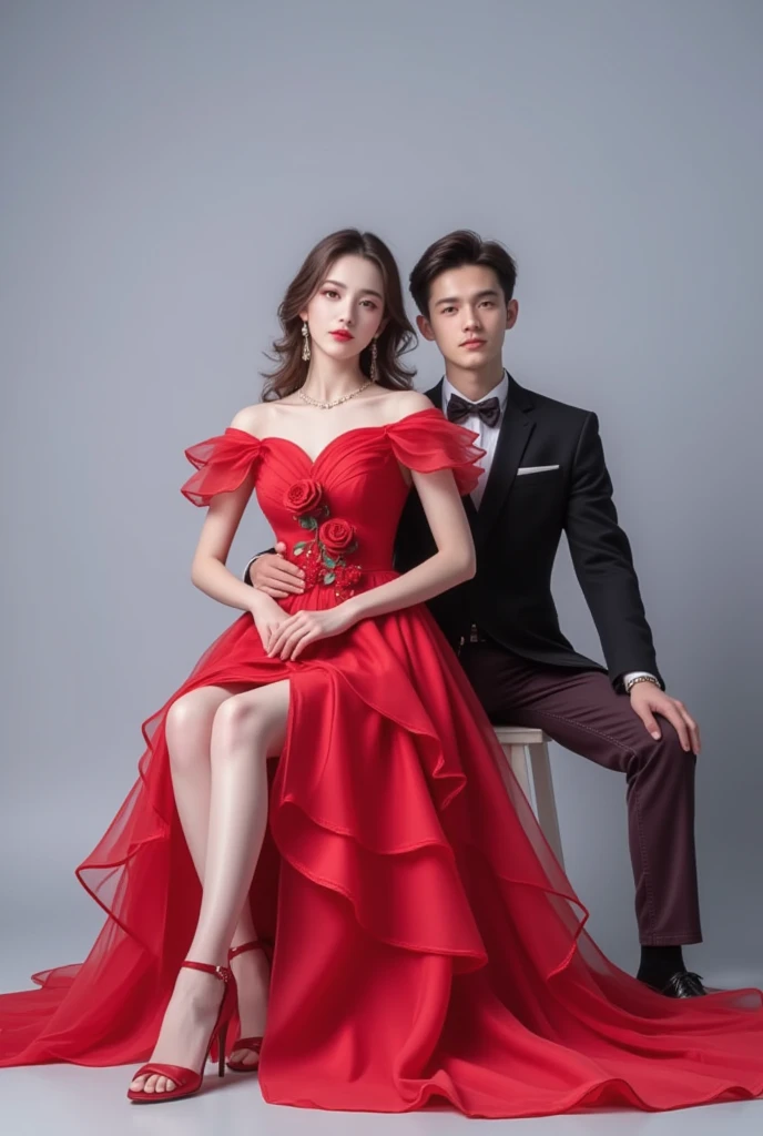 make high quality hd photos, couple sweet. a beautiful Korean woman wearing an elegant white knee-length dress, looking graceful and luxuriously elegant, is holding hands with her husband, a handsome Korean man wearing a black suit, black trousers. with a party background it looks luxurious. they look happy. looks natural, very realistic, real and clear."