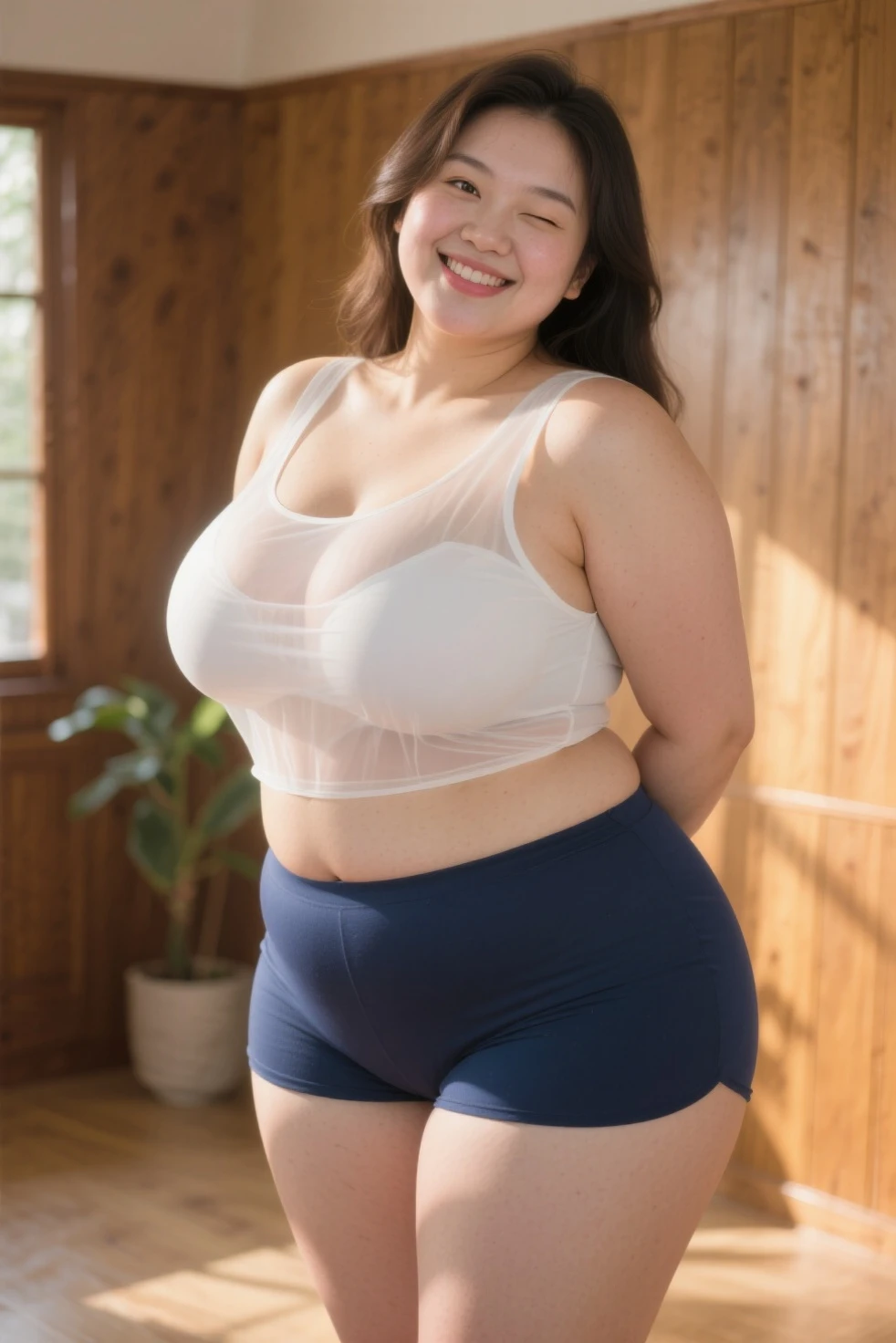 Chubby Malay girl wearing sexy pink color panties, wearing tank top light blue t-shirt, portrait photography, mid shot photo, ultra detail, professional photograph with professional lighting, smile, sitting on a chair (open legs), at the garden, outdoor background, curly hair, sexy seducing pose, curvy body, cameltoe focused angle, shirt lifted