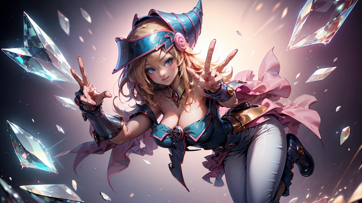 (Masterpiece:1.2), (The best quality:1.2), perfect lighting, Dark Magician Girl casting a spell, floating in the air, big tits, neckline, magic background. Transparent hearts in the air, blue robe, big hat, From above, sparkles, Yugioh Card in the background