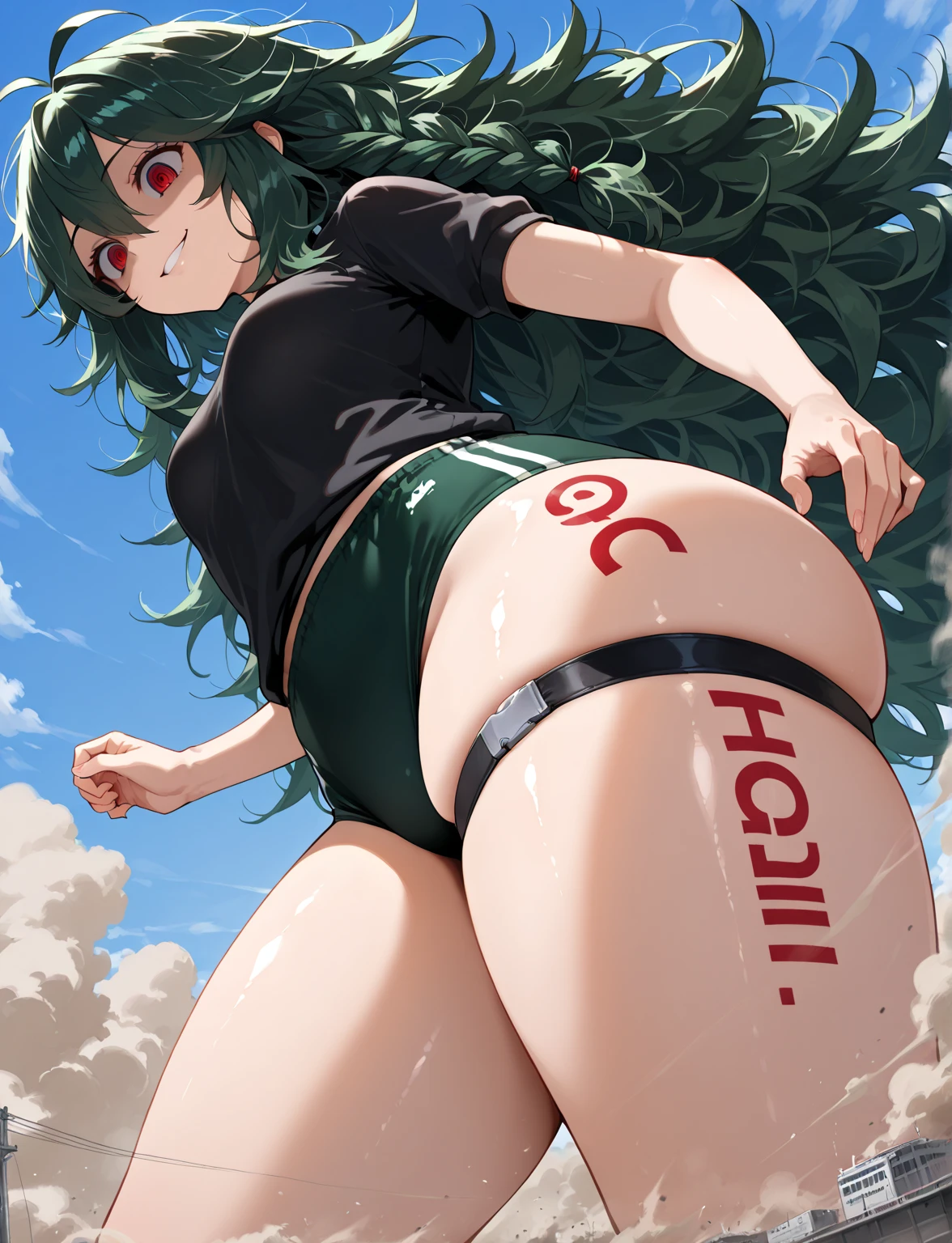 A woman flying looking at the camera, Giant ass, ass iew, naked, tatsumaki, tatsumaki, tatsumaki