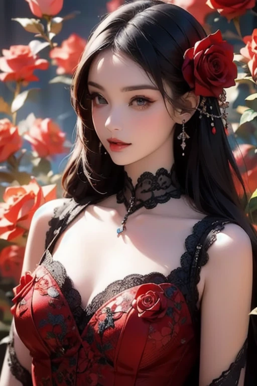 Masterpiece, Best quality,(1girll:1.5),,(Delicate face:1.2),1girll, flower, Red_flower, Solo, Hair_decorations, nipple tassels, Gradient, Red_Lips, Gradient_Background, Red_Rose, Lips, Looking_at_peeping at the viewer, Breasts, The upper part of the body_Body, white yifu, Walls covered in blood,(urban backdrop:1.5)