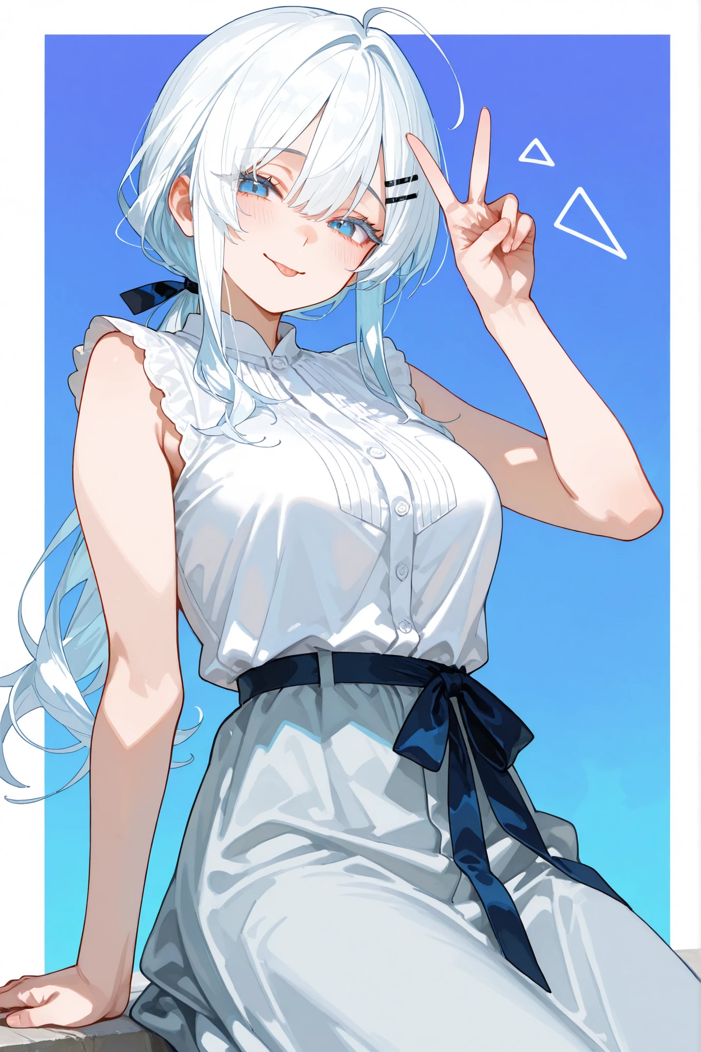 girl,Blue eyes,,, small ,Mature Woman,,long hair,black hairpin,long hair,,,White hair,, tomboy ,triangle colored background,Long Lashes,, small , ahoge ,, sleeveless top,Button-down shirts,lead dress,long dress , Sleeves,white shirt, white shirt ,Ribbon,Smile,Smile,long hair, Low Ponytail ,shredding,shy, Tongue,Ribbonยาว,v sign ,Arm socks,