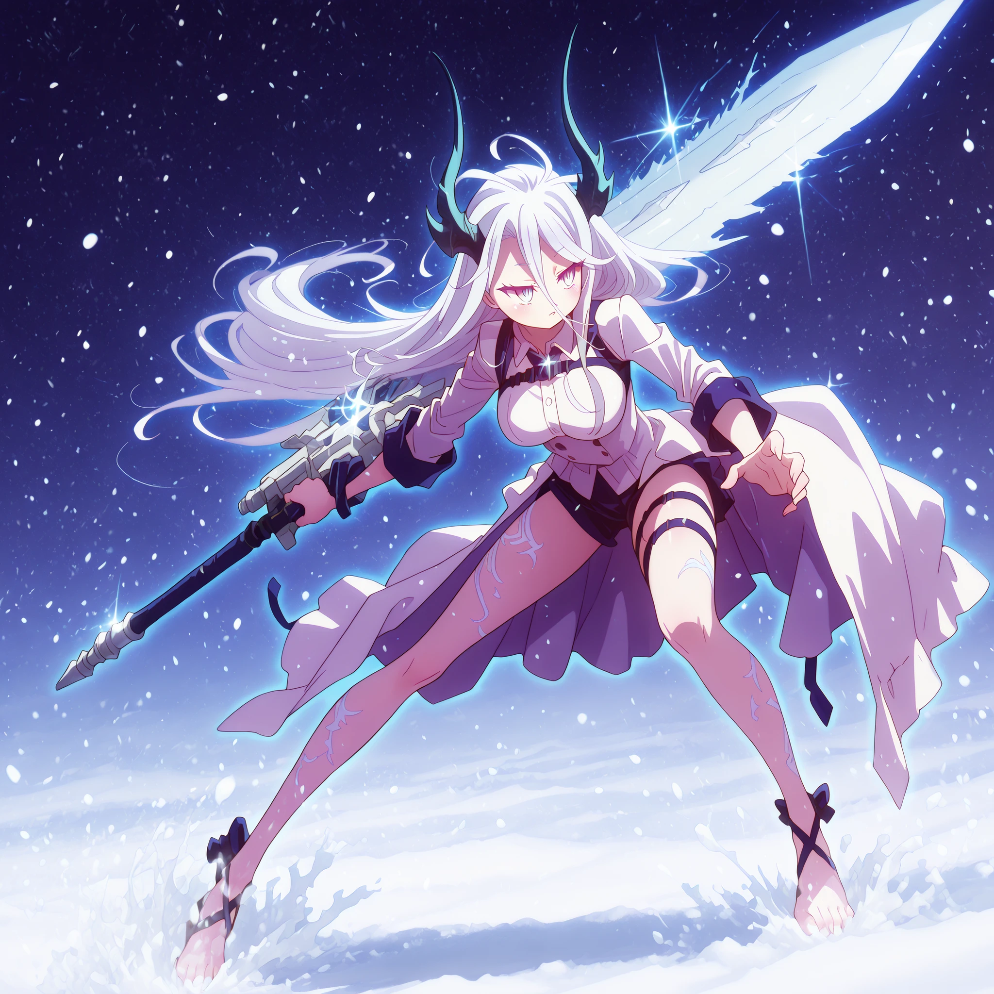 alone, 1 girl, bright and flashy white hair, hair as white as snow, style like Shiro from "No Game No Life", body like Shiro from "No Game No Life", bright and flashy silver-blue eyes, silver-blue eyes the color of Sylpha Langlis' eyes, long bangs between the eyes, long eyes, disheveled hair, perfect anatomy, student, short character, character, character 1.50 meters tall, white hair like Sylpha Langlis, fair and slightly pink skin, Reed's Flame Shadow Horns (black horns);
Silver-blue hands and arms, clawed hands, clawed feet, Nordic-style rune markings on the shoulders and back and thighs in silver-blue color, white dragon tail, long black horns like Reed the Flame Shadow from Arknights, snow-white hair, white hair like Sylpha Langlis, fair and slightly pink skin, big butt and medium breasts, young and petite character;
wearing a white coat in the style of Reed The Flame Shadoe from Arknights, the coat falling down his arms, the inner clothing is black with silver details and is tight on the body and has a technological and futuristic cyberpunk design;
sensual pose, attack position, holding a huge black greatsword with a white blade, facing the observer, looking at the observer, confident, cute expression;