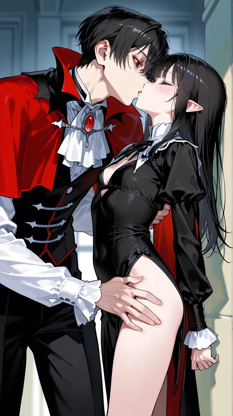 delicate and beautiful CG artwork),(best quality, ultra-detailed, high resolution),(dynamic angle, dynamic lighting),(2 character),(long blue black hair), red eyes, beautiful face),(black transparent stocking),(vampire) (long sideburns),
