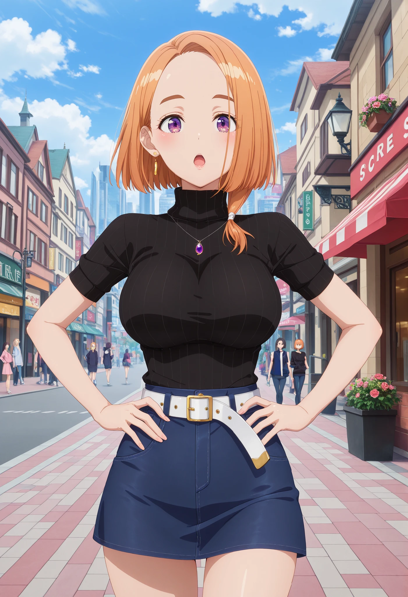 score_9,score_8_up,score_7_up,extremely detailed,ultra-detailed,official art,professional lighting,masterpiece,top quality,great quality,very beautiful,absurd,latest,masterpiece,best quality,4K,
1girl,Banri Shiunji,orange bob cut hair,forehead,purple eyes,large breasts,earrings,sexy,pretty,rouge lips ,short sleeve sweater,Black vertical striped sweater,jewel pendant ,mini denim skirt,White belt, city,town ,cowboy shot ,hands on hips ,open mouth