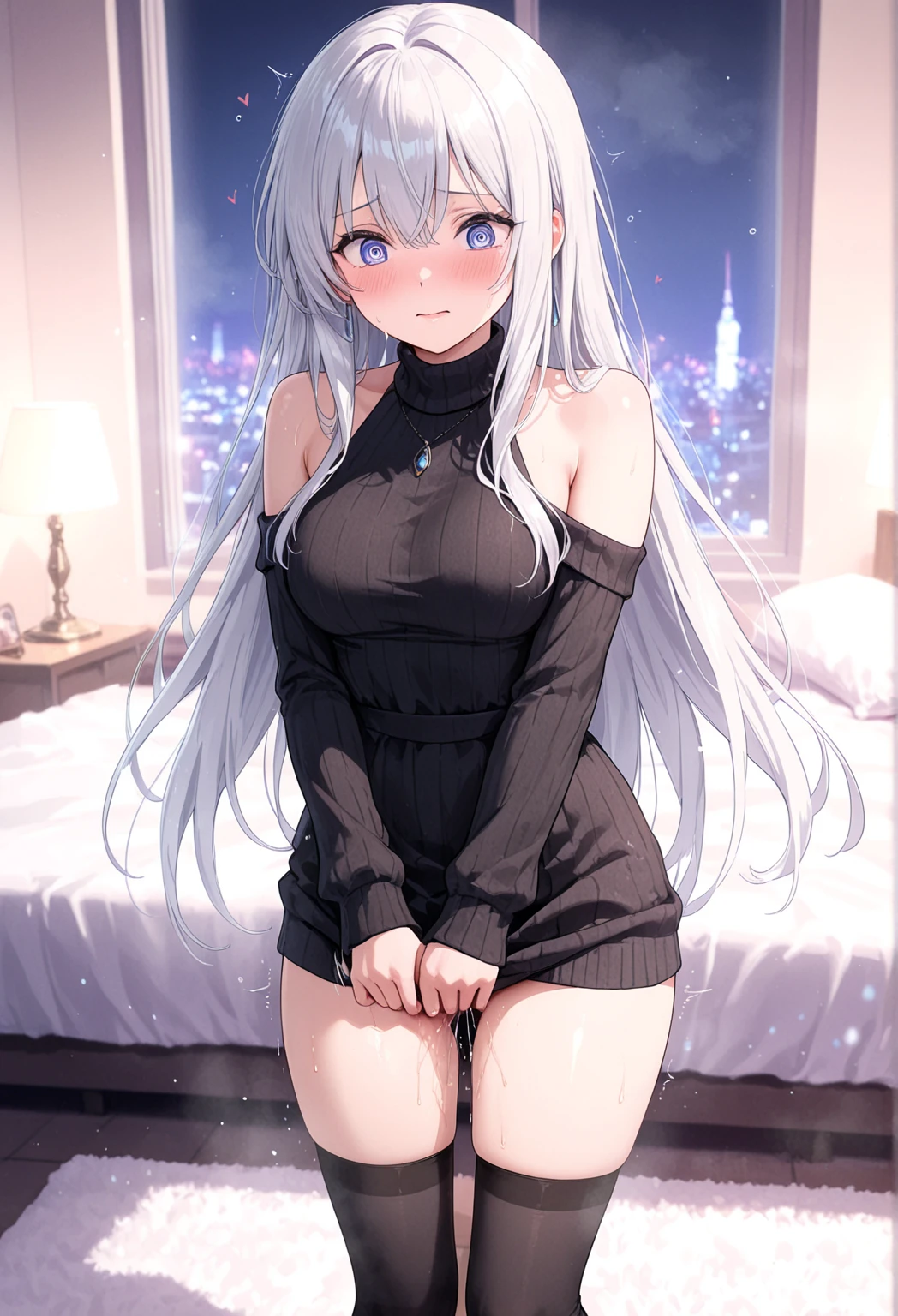 long White hair, blue eyes, 16 years, inocent Russian girl, wearing a long sweater, sleepy face, Spread armpit, in the bed,facing the window with the moon and stars shining
