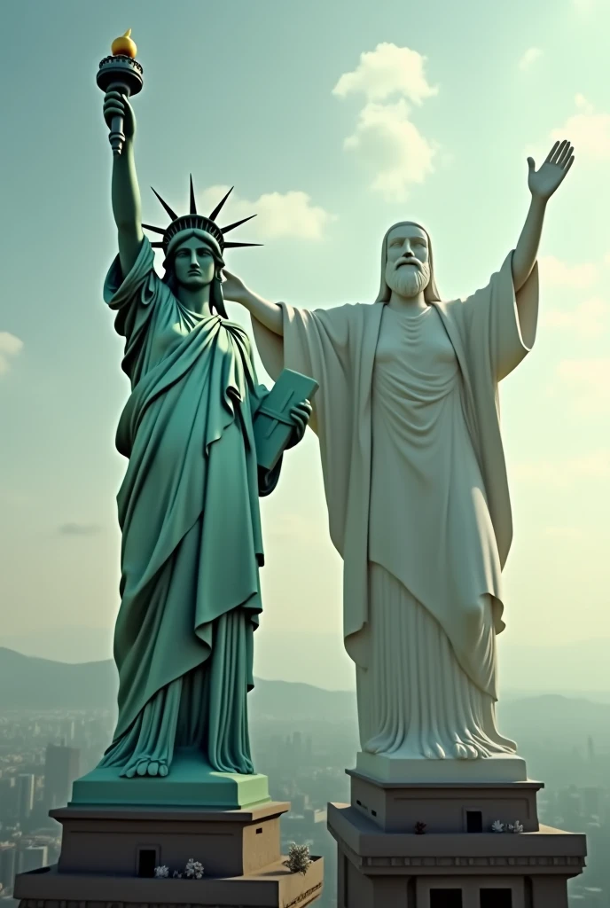 The statue of liberty and Christ the redeemer statue coming to life and walking next to each other moving towards the camera 