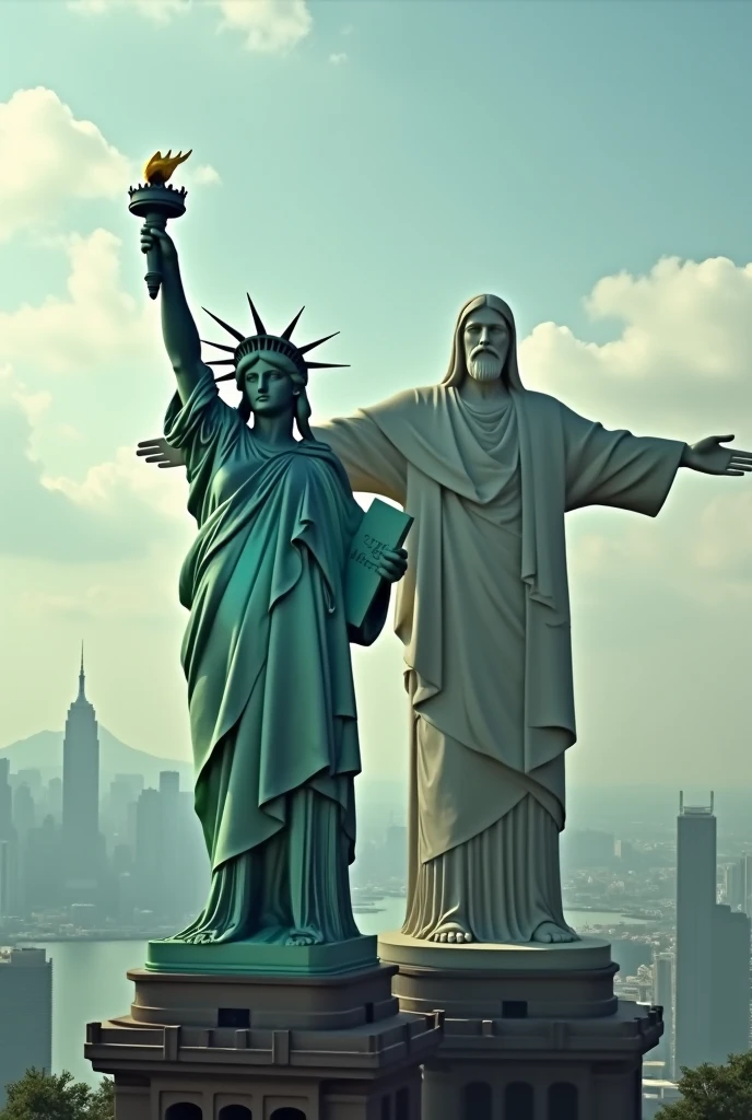 The statue of liberty and Christ the redeemer statue coming to life and walking next to each other moving towards the camera 