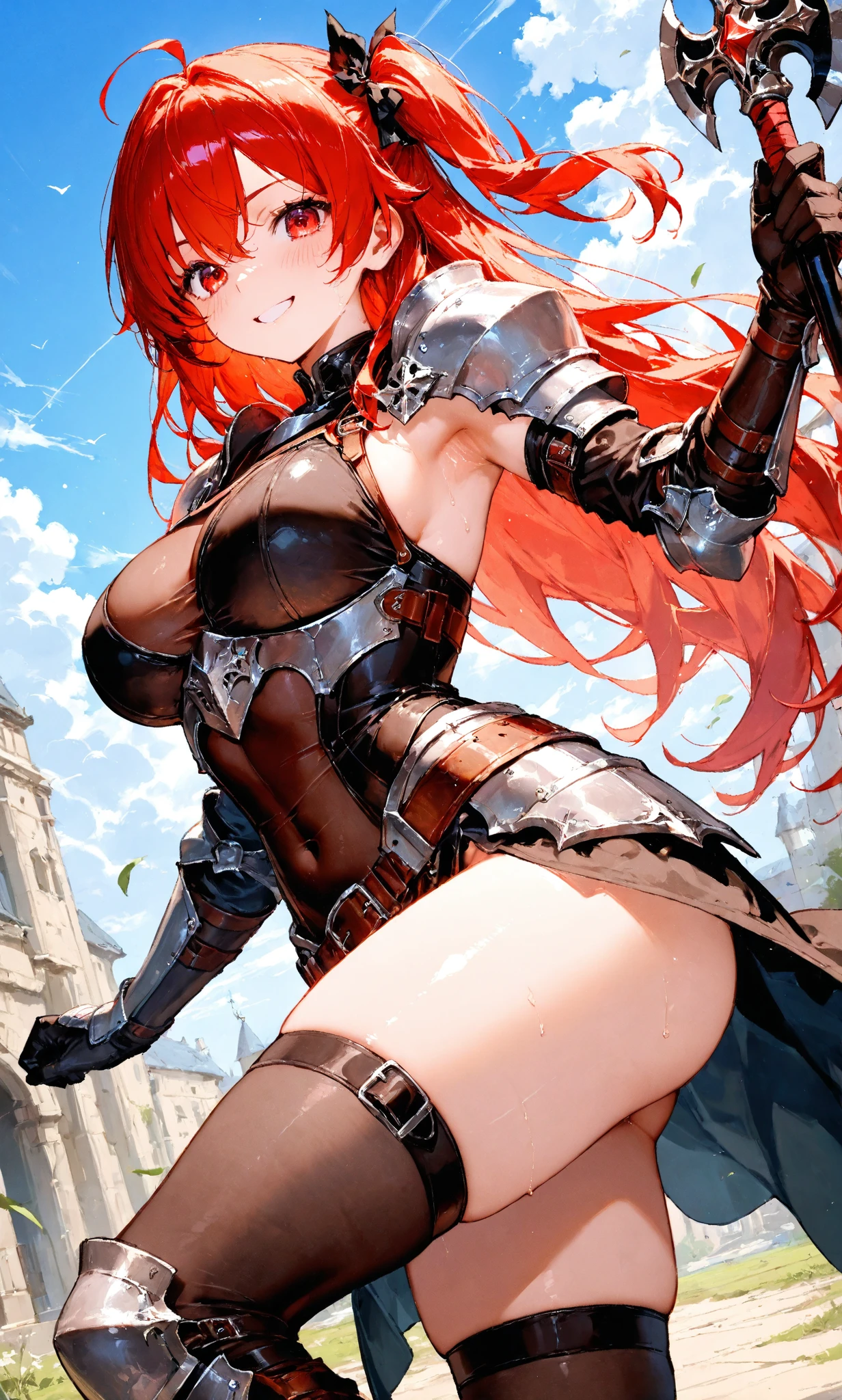 Shyness、embarrassed from、panties small、animesque、frombelow、low angles、Knights、battle field、Princess Knight、opens legs、bikini-armor、Red bikini、panties on、s Armor、dong、The sword、from the rear、perfect buttocks