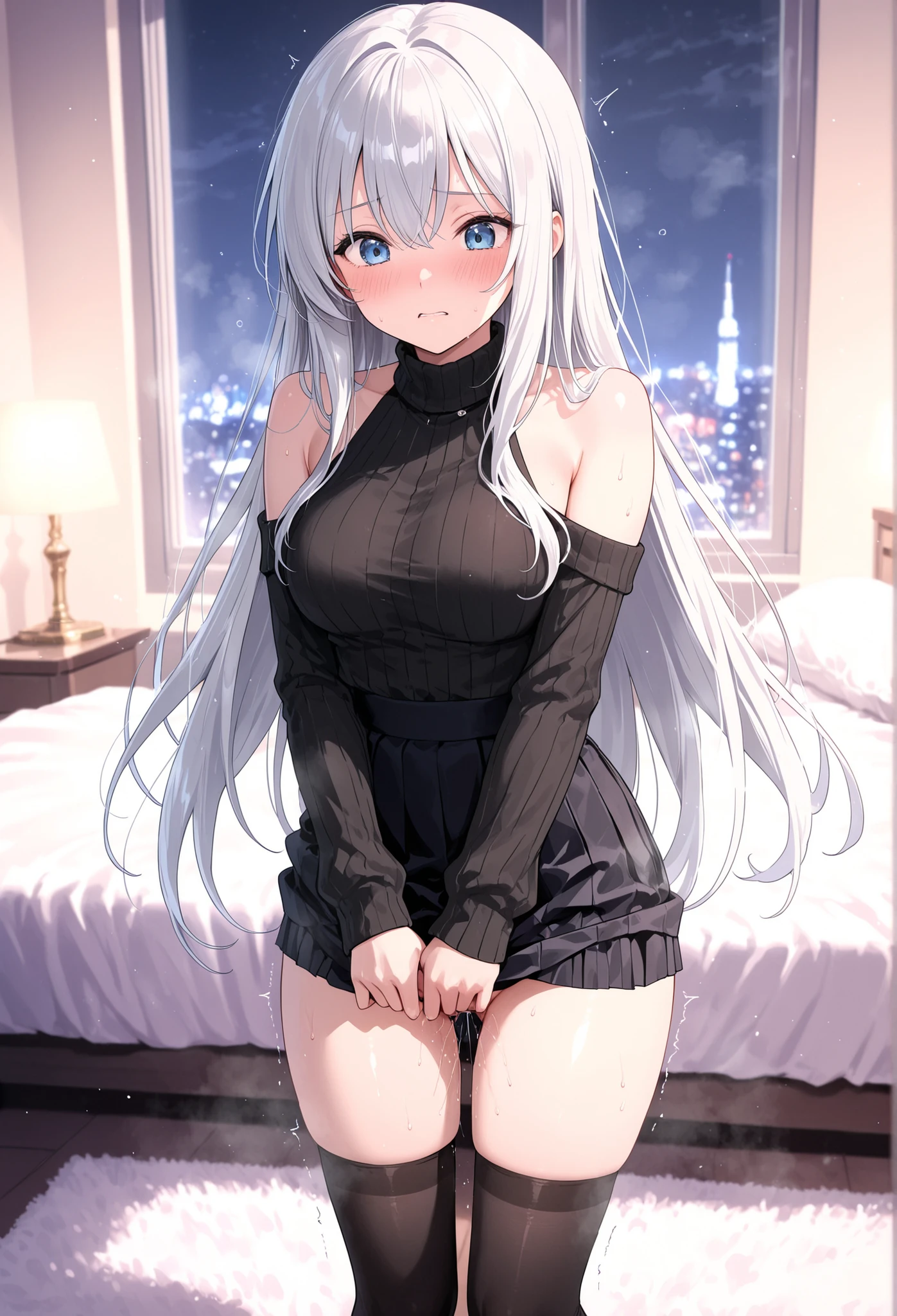 (Detailed face, Beautiful Eyes, 8K壁紙, Very detailed, beautifully、Beautiful appearance, 16K, 8K, 超High resolution, Soft lighting, Visual Key, High resolution, Highest quality, masterpiece, Digital Illustration, Only a perfectly Detailed face),(In the city, Background City), (software, full length), (Happy), ((Red eyes, 1 Girl )),(Gray Hair, Long Hair), sweater, lace thong, slender,