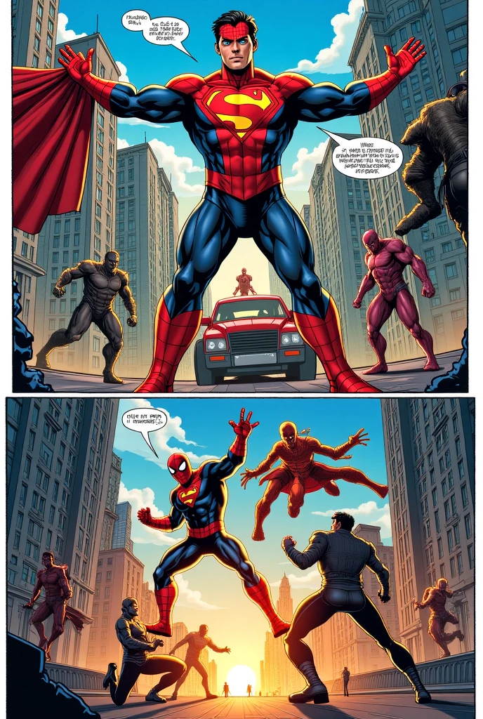 Comic of Deadpool and Spiderman fighting Superman in a burning building