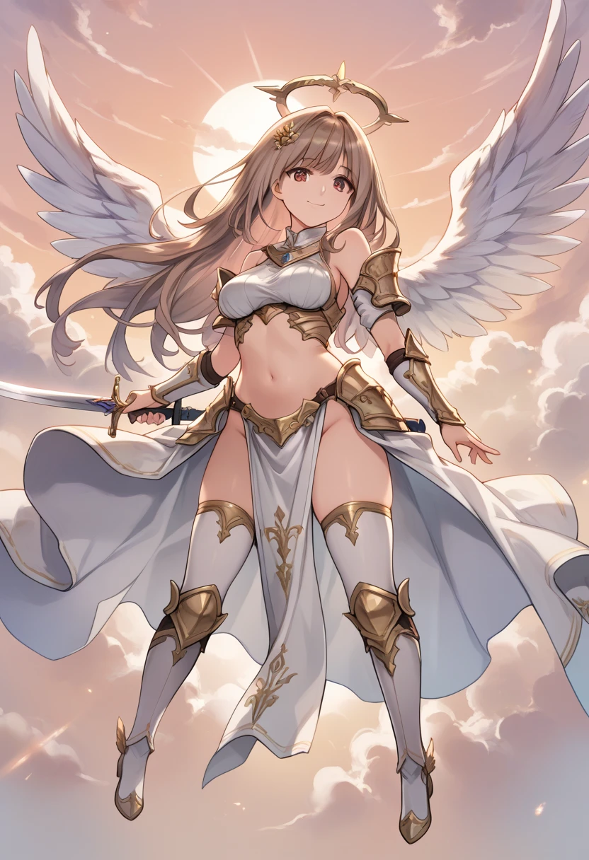 fantasy, 1angel_girl,(young_teen:1.5), ,brown_hair, medium_bob_hair, long_bangs, halo,bare_shoulder,thighhighs,silver_armor, waist_armor, large_breasts,1pair_wings, dynamic_pose_fighting,floating, bare_crotch, headgear,gauntlet, greaves,city_landscape_background,slightly_spread_legs, solo, groin_naked,smile,(covered_nipples:0.8)