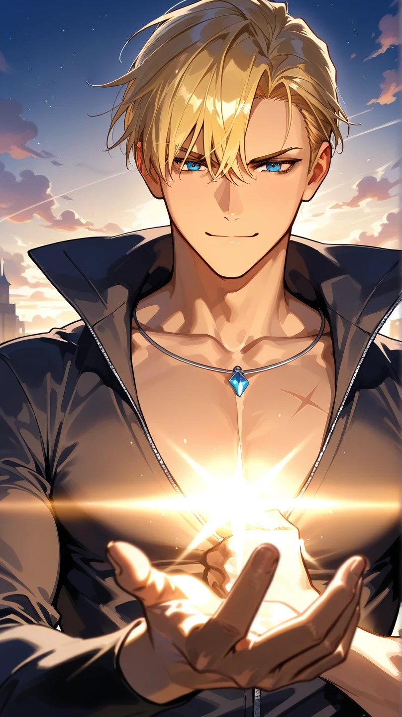 23 year old male , light blonde hair, blue colored eyes, school outfit holding magic ice