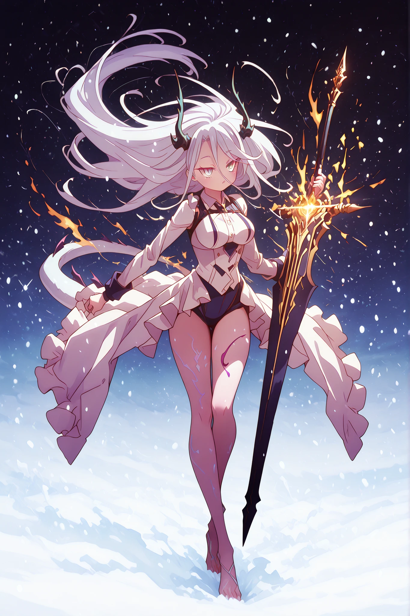 alone, 1 girl, bright and flashy white hair, hair as white as snow, style like Shiro from "No Game No Life", body like Shiro from "No Game No Life", bright and flashy silver-blue eyes, silver-blue eyes the color of Sylpha Langlis' eyes, long bangs between the eyes, long eyes, disheveled hair, perfect anatomy, student, short character, character, character 1.50 meters tall, white hair like Sylpha Langlis, fair and slightly pink skin, Reed's Flame Shadow Horns (black horns);
Silver-blue hands and arms, clawed hands, clawed feet, Nordic-style rune markings on the shoulders and back and thighs in silver-blue color, white dragon tail, long black horns like Reed the Flame Shadow from Arknights, snow-white hair, white hair like Sylpha Langlis, fair and slightly pink skin, big butt and medium breasts, young and petite character;
wearing a white coat in the style of Reed The Flame Shadoe from Arknights, the coat falling down his arms, the inner clothing is black with silver details and is tight on the body and has a technological and futuristic cyberpunk design;
sensual pose, attack position, holding a huge black greatsword with a white blade, facing the observer, looking at the observer, confident, cute expression, dragon tail in white color;