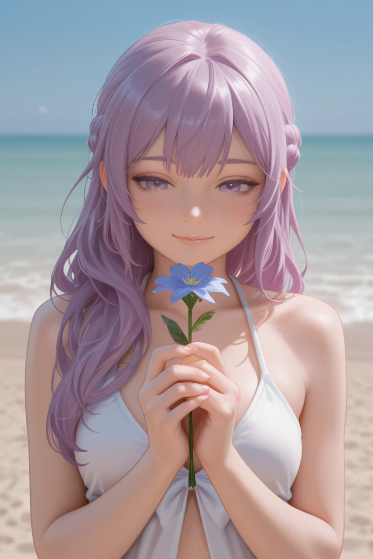 Rem is holding a plate in her left hand and a flower in her right hand, wearing a bikini