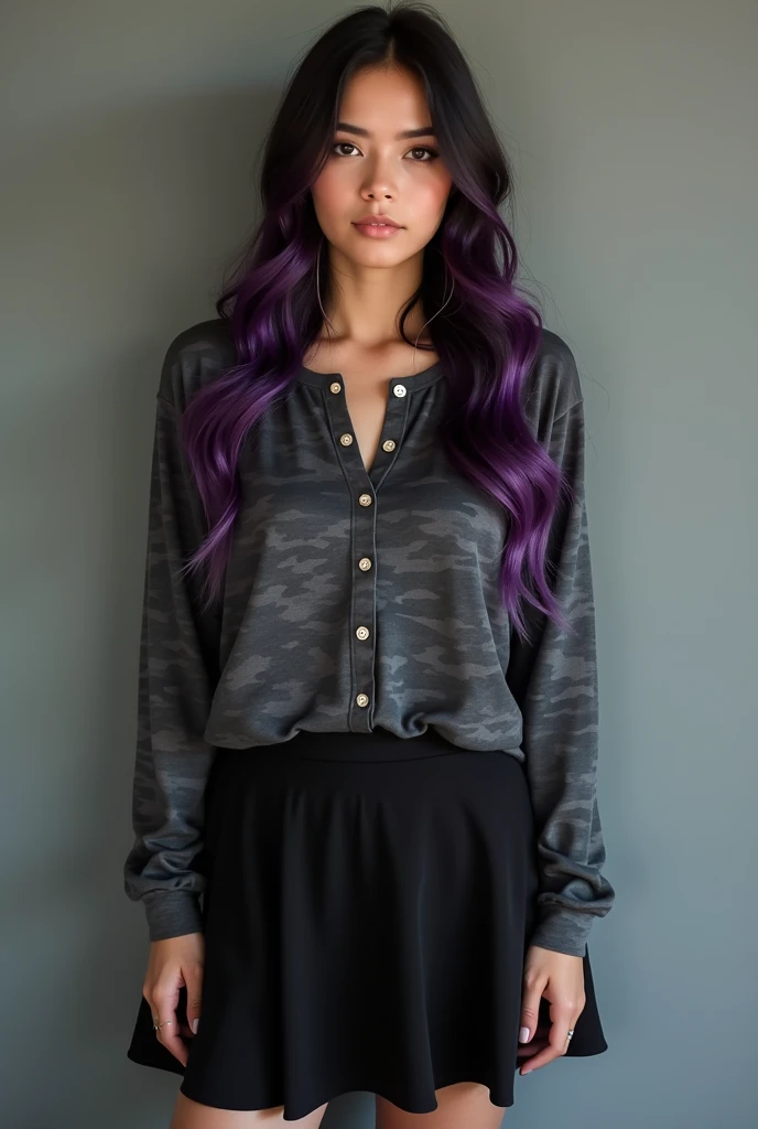 1 girl, dark brown eyes, PURPLE HAIR, long hair, fringe, anime, blue jeans, black strap blouse, Red and black checked flannel shirt with rolled up sleeves, pircings, Sin collar, black military boots, 25/30 years, athletic, gloves, belt, Thighs