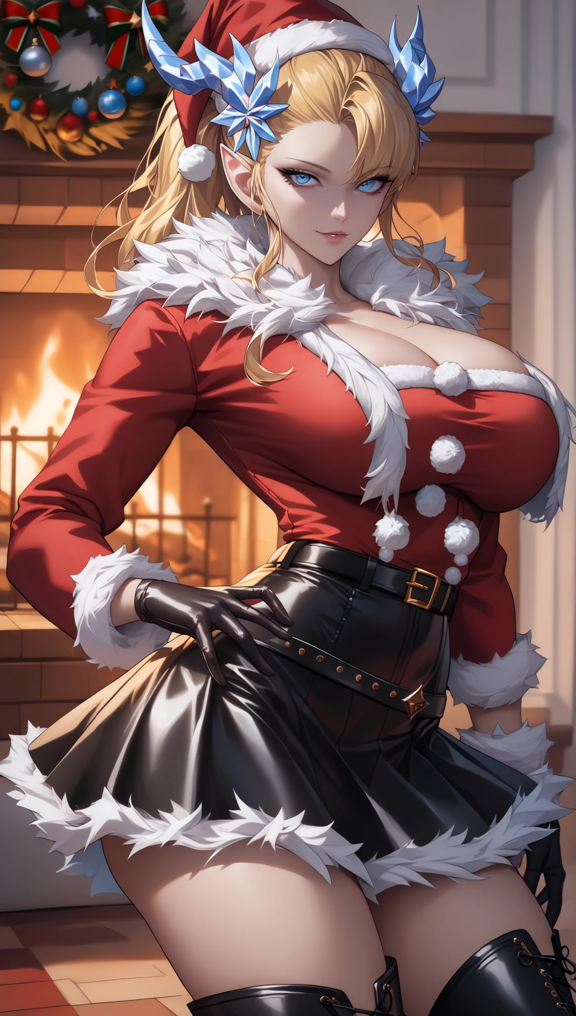 (image board:1.3), ((matured girl wearing Santa costume with far:1.3, giving a present box to viewers:1.2, close to viewers:1.2)), a matured woman with long black hair and a red outfit, red winter coat with bore, scarfs, green neckribbon, knee length long boots, red and green winter outfits, holding present box with wrapping by ribbon:1.5, Christmas tree decorated with many ornaments, white bags on sled, wearing red pencil skirt, Arabic, bodyesbian, fine details, beautiful anime illustration, 28 years old, (milf:1.3), (solo:1.5), (sfw:1.25), (sagging breast, fuge breasts, big tits, thin waist, big ass:1.2), Raised sexy, (dark mahogany medium short hair, updo, hair over one eye, asymmetric hair, Carly hair, low tied braids), (musulman, white Headscarfs, hair bands, head vandage, Turban), (ultra high resolution, 8K RAW photo, photo realistics, thin outline:1.3, clear focus), best qualtiy, cinematic lighting, textile shading, blurry back ground, field of depth, bokeh, (Bright pupils, fine detailed beautiful eyes with highlight:1.3, super detailed eyes, high detailed face), Red lip, fine realistic skins:1.1, looking at viewers:1.3, (dynamic angle:1.3, full body:1.3, front view:1.1, tigh focus:1.3, from below:1.2), (dynamic posing:1.5, sexy posing:1.2, sitting with holding knees:1.3, leaning forward:1.2), (seductive happy smile:1.2), centered image, (wearing red long coat with bore and clothes, ((bare breast:1.37)), gold ornaments, rolling red clothes around waist, dark red long leather boots:1.3, translucent white lace pantyhose), (((correct anatomy:1.5, perfect anatomy:1.25, ideal ratio body proportions:1.37))), (in a night:1.3), (indoors:1.2, in front of fireplace:1.3),
