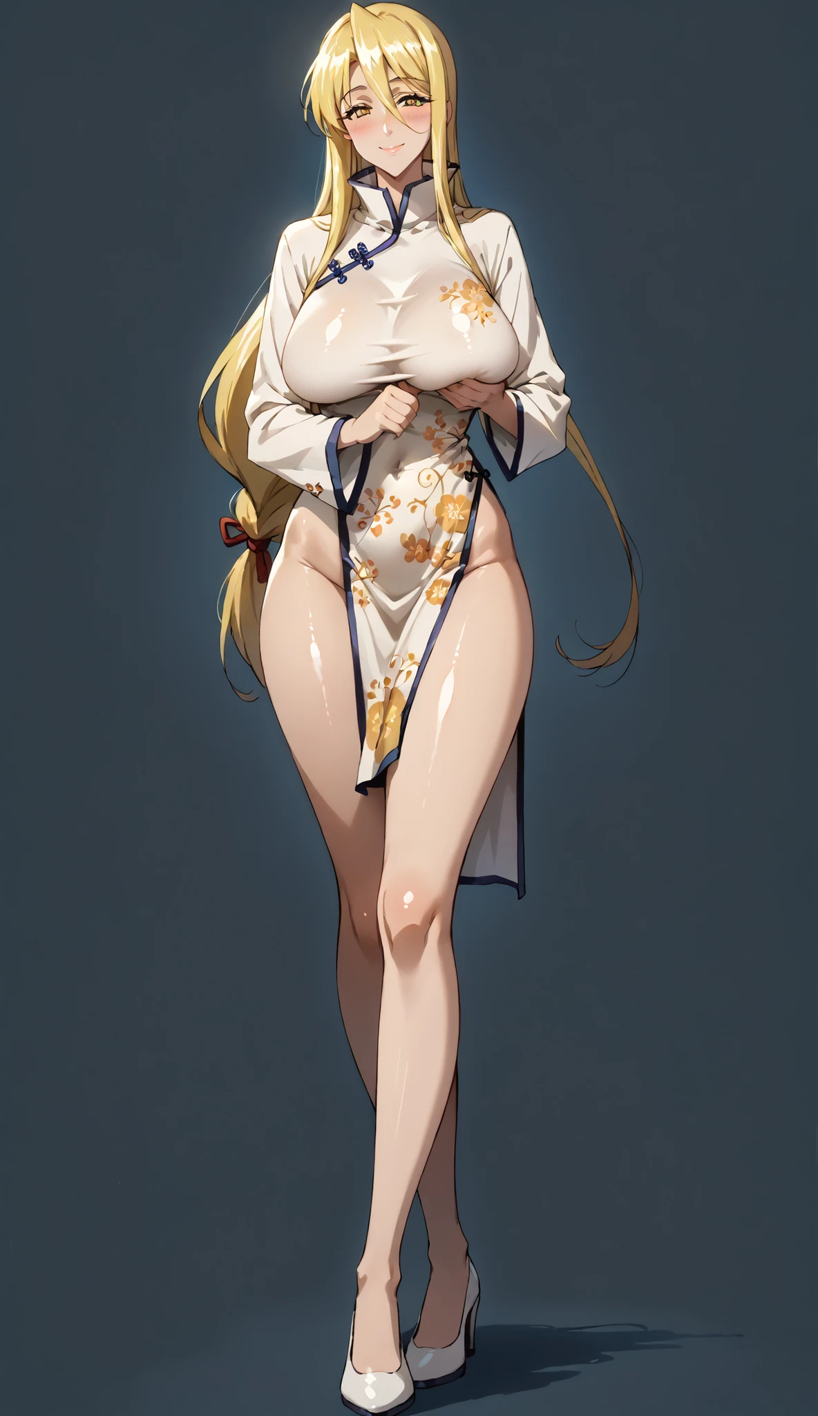 score_9, score_8_up, score_7_up, source_anime, 4K,perfect fingers,(perfect hands, perfect anatomy),prefect lighting, very aesthetic, intricate details,highly detailed background, masterpiece, high quality, best quality,
shizuka marikawa, long hair, blonde hair, very long hair, low-tied long hair, yellow eyes, hair between eyes, smile, large breasts, mature female,
wearing (( Nude, chinese clothes, white shirt, high collar, long sleeves, )),,
((A sagging breast)), ((blush)), ((shiny skin:1.2)), ((seductive smile:1.2)), standing gracefully and holding her hands, female graceful pose,