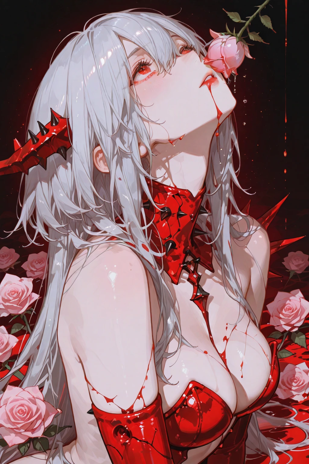 ((Best masterpiece, Perfect quality, Ultra detailed)), ((Grotesque, Fleshy, Bloody, Parasitism)), ((Wounds, Cysts, Blisters, Tumors, Organs)), A skinny girl, With small breasts, With light gray hair, She was parasitized. Parasites parasitized her. Chrysalises are writhing inside her body. Scratched body, Teared skin, Bloody wounds, Decayed limbs, Parasites, Larvas, Maggots, Infection, Infesting, Surrendered