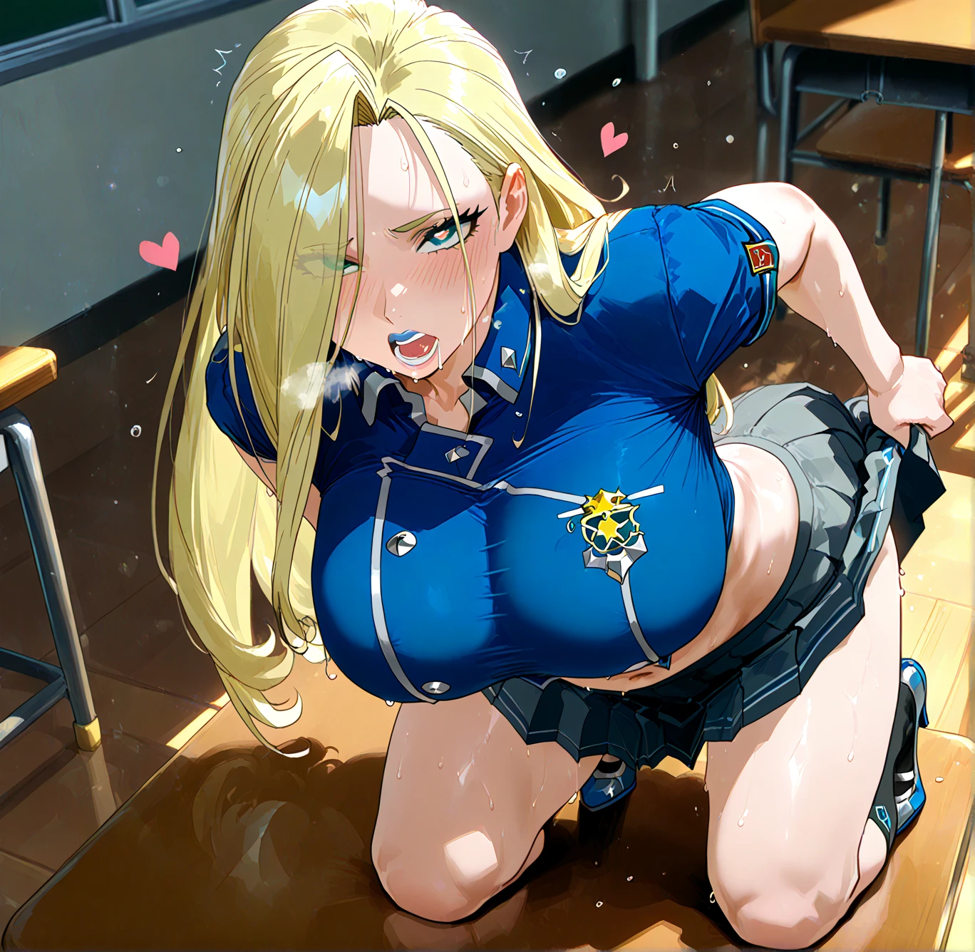 Score_9, score_8_up, score_7_up, score_6_up, score_5_up, score_4_up, source_anime, solo, 1girl, cute student, gyaru, young female, sagging gigantic huge breasts, wide hips, thick thighs, huge areolae, areola slip, black areolae, tanned skin, in classroom, sideview, detailed eyes, brown eyes, looking at viewer, crowded, sailor uniform, sleeveless, bracelet, ahegao, collarbone, head tilt, hairy stomach hair, showing armpit, hairy armpit hair, bukkake, sperm on armpits, cum shot, sperm, sex with big penis boy, Japanese, hentai, crowded, having sex, sex from behind, side view, pov, spreading legs, hand behind the head, fecundation mark, raping, inserting penis, sex posing, sweating, fellatio