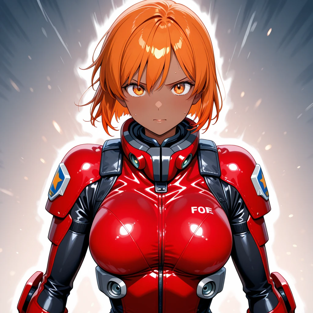 “A detailed illustration of Honami, a cyborg ninja girl, who has taken damage in battle. She has brown straight hair with bangs and is wearing a tight, modernized ninja outfit predominantly red with metallic accents. Her entire body, except for her face and chin, is metallic and mechanized with visible red cybernetic enhancements. Honami’s left arm is completely destroyed at the shoulder, and she is holding the damaged area with her right hand. Her face shows a mixture of pain and determination. The background is a chaotic battlefield with signs of destruction and fire. The scene is drawn in a manga style with bold lines and detailed shading, emphasizing the contrast between her human and cyborg elements.”