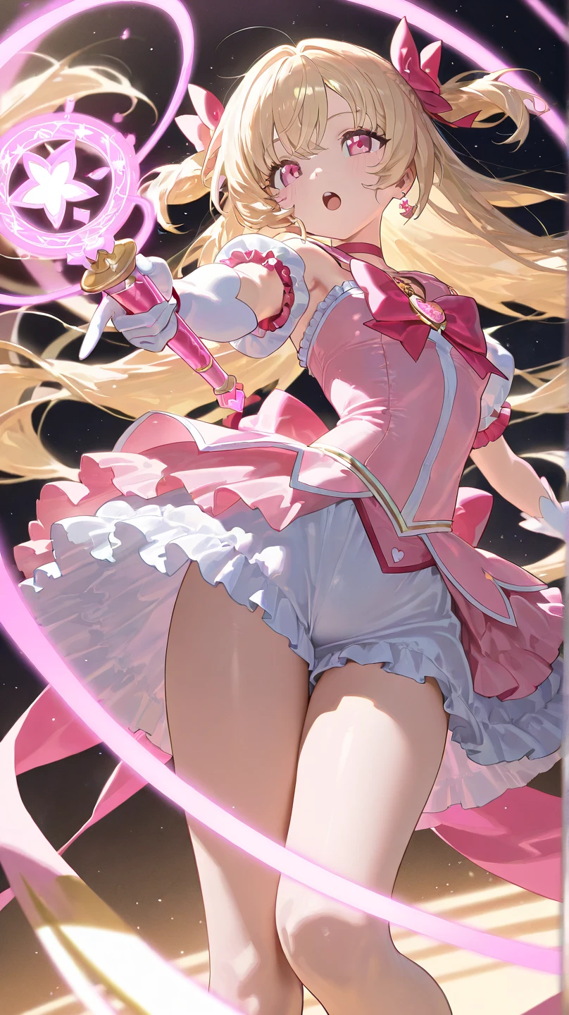 masterpiece, best quality, (1girl), supersailormoon, detailed face, smile, nigh sky, moonlight, moon, sakura trees, white gloves, detailed eyes, detailed face, fullbody, galazy background, gigantic breasts, giga_busty, front view from below