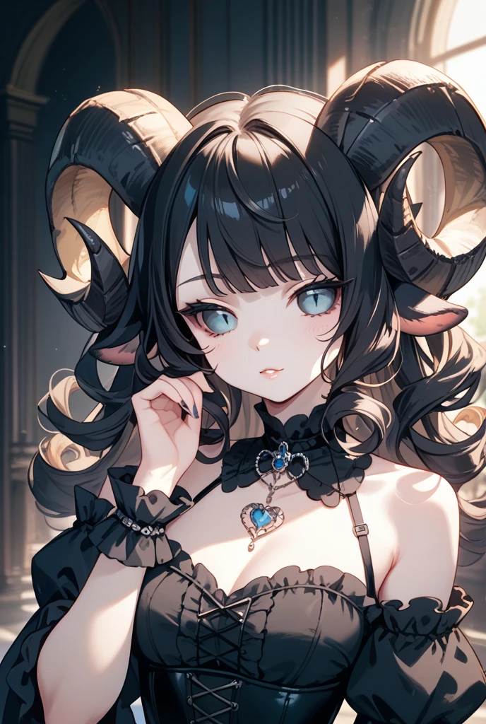 (masterpiece), 8k cg, stunningly beautiful girl, intricate details, chromatic aberration, ((bust shot)), ((looking at viewer)), 1girl, Laplus Darkness (long hair, (celeste hair), streaked hair, large horns, collared shirt, military dress, lolita dress, chunnibyou), Yellow Eyes, extremely beautiful and delicate portrait, confident smile, chains, black smoke, purple lightning, magic sfx, large shadow figure behind, absurdres, cinematic lighting, dynamic lighting, fantasy, ((dark background, fog))